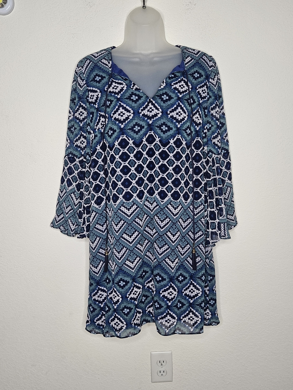 Vince Camuto Blue Geometric Print Tunic Dress Size 6 Boho Bell Sleeve Lined